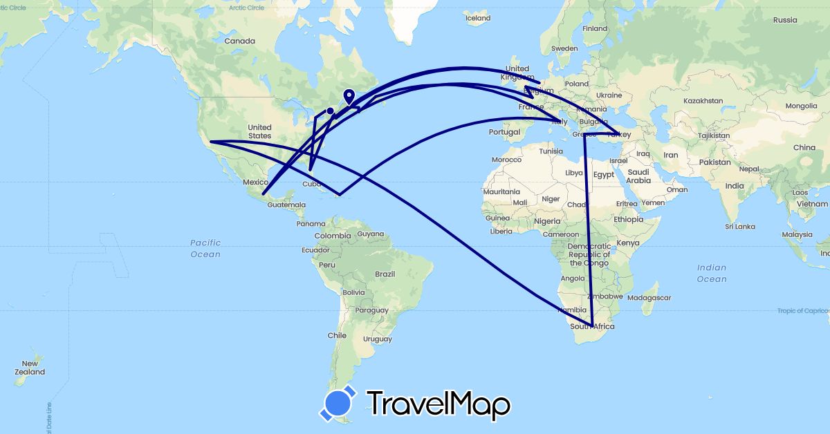 TravelMap itinerary: driving in Canada, Dominican Republic, France, United Kingdom, Greece, Italy, Mexico, Netherlands, Turkey, United States, South Africa (Africa, Asia, Europe, North America)